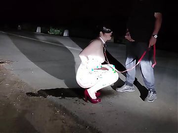 Leashed submissive wife pee on the road